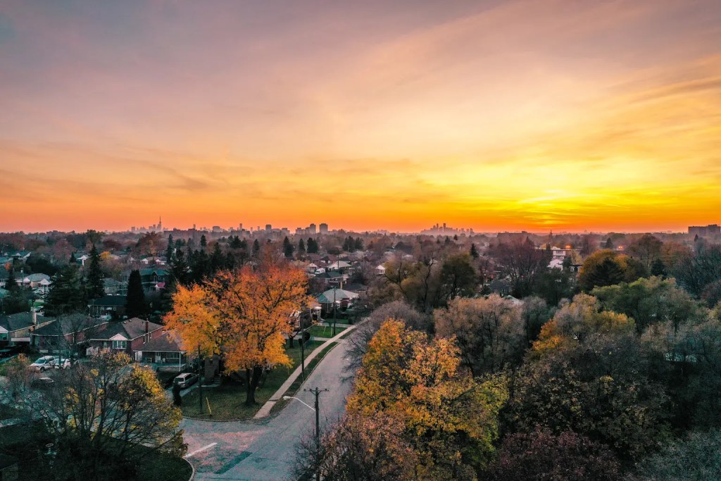 Drone photo of Toronto sunset